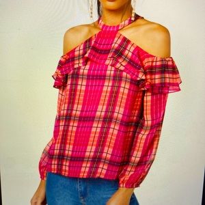 INC WOMENS PINK RUFFLED COLD SHOULDER PLAID LONG SLEEVE HALTER TOP